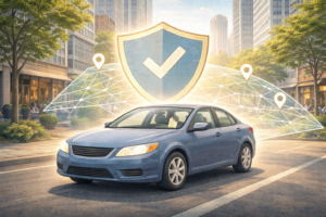 Modern sedan on an urban American street with abstract shield and map overlays representing rideshare insurance coverage and driver protection.
