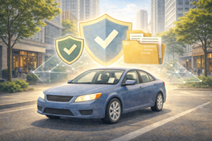 A modern sedan on a U.S. city street with shield and folder icons representing rideshare insurance protection for Uber and Lyft drivers.