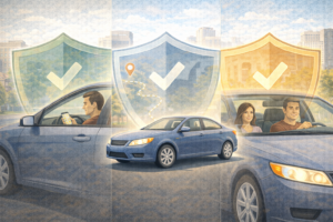 Conceptual illustration showing different driving stages of a rideshare trip with layered insurance protection.