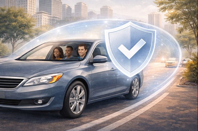 Illustration of a rideshare driver protected by an insurance shield while driving passengers in a modern American city.