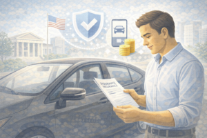 Rideshare driver reviewing insurance documents next to a car in a U.S. setting.