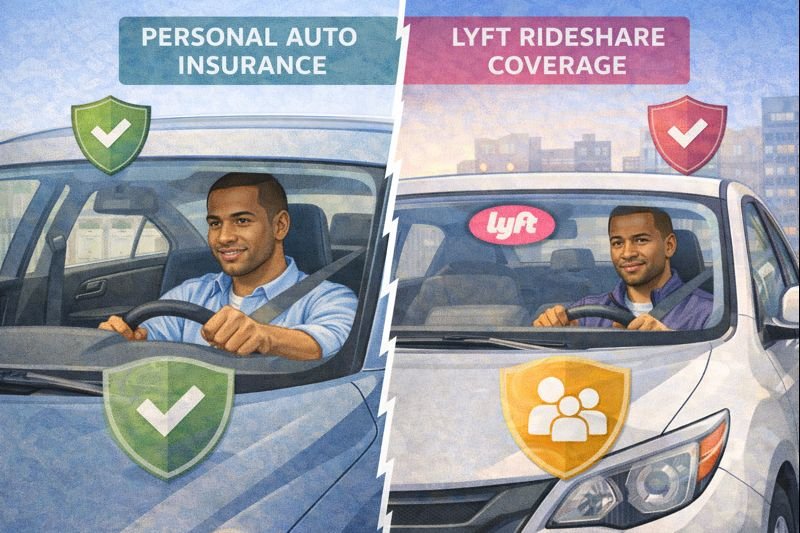 Split-scene illustration comparing personal auto use and rideshare driving with different protection levels.