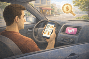 Rideshare driver using a smartphone to compare insurance options beside a parked car.