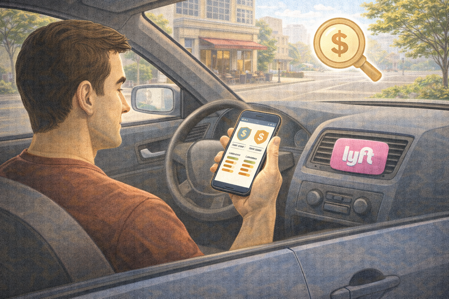 Rideshare driver using a smartphone to compare insurance options beside a parked car.