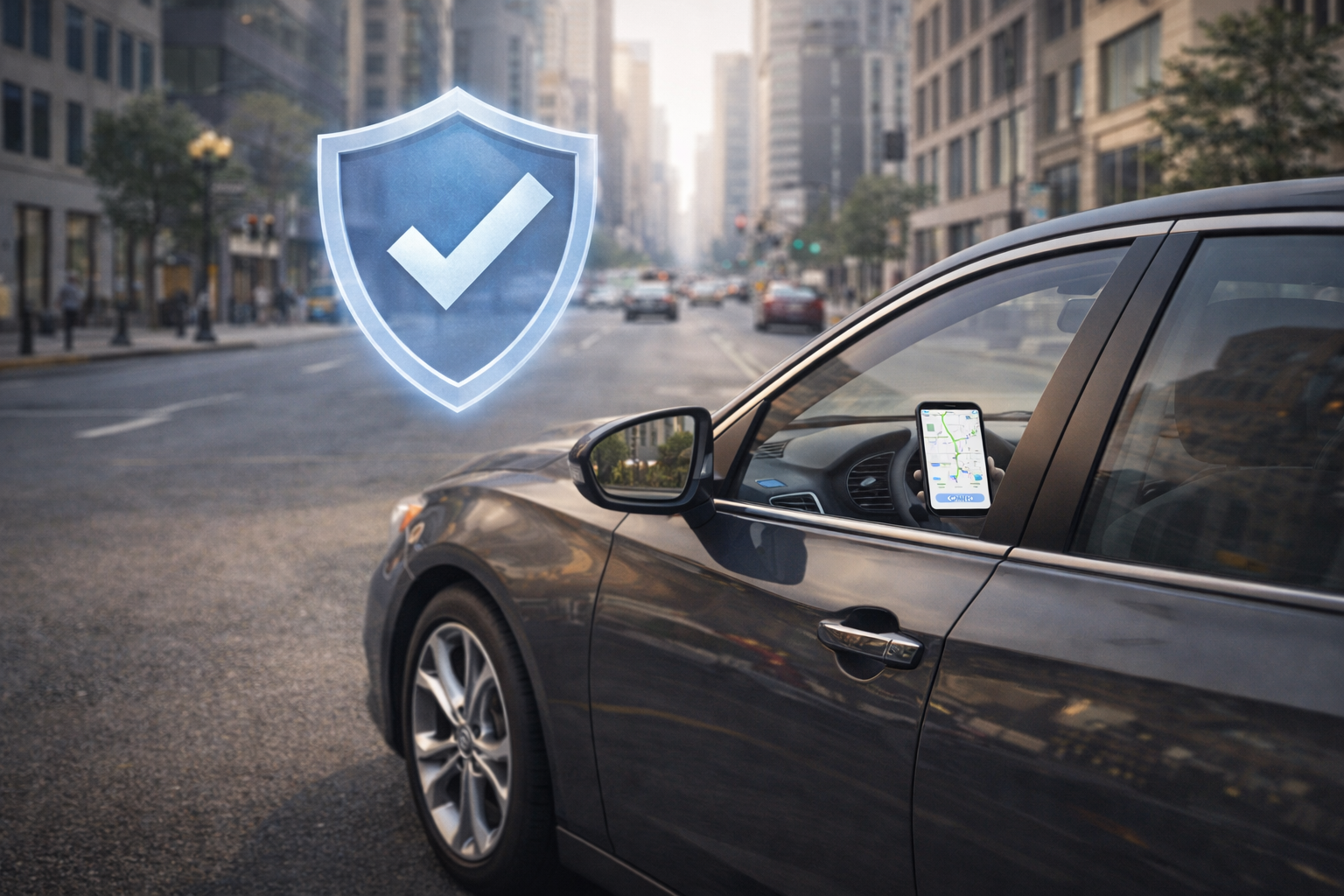 Rideshare driver car parked in a city street with a smartphone app active and a shield icon representing insurance protection