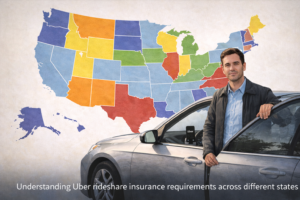 Map of the United States highlighting different states, with a rideshare driver in the foreground, symbolizing insurance requirements variation by state.