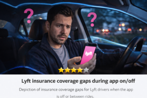 A driver sitting in a parked car, smartphone on, appearing confused about coverage, with subtle visual cues showing a “gap” in protection.