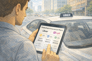 A rideshare driver reviewing different insurance plans on a tablet while standing next to a car, visually comparing options.