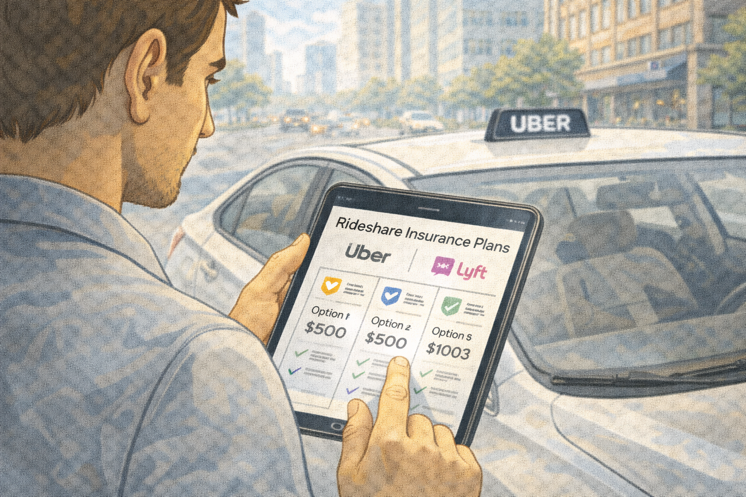 A rideshare driver reviewing different insurance plans on a tablet while standing next to a car, visually comparing options.