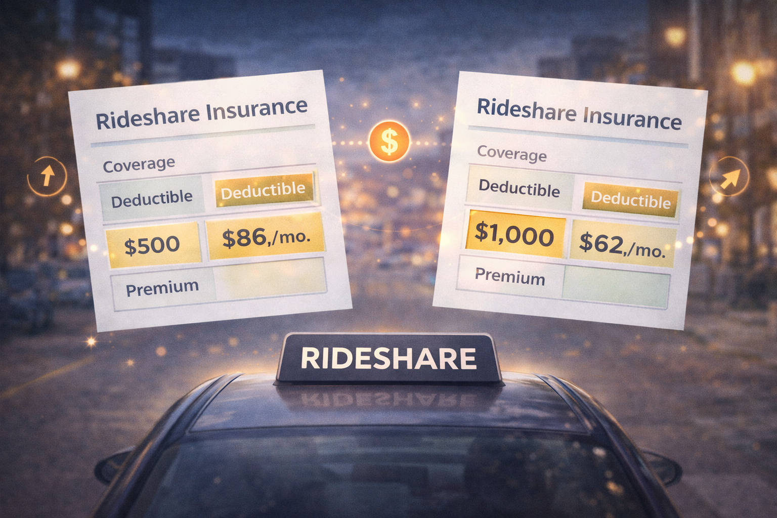 Two insurance documents floating above a car, showing a comparison chart with highlighted sections, indicating premiums and deductibles.