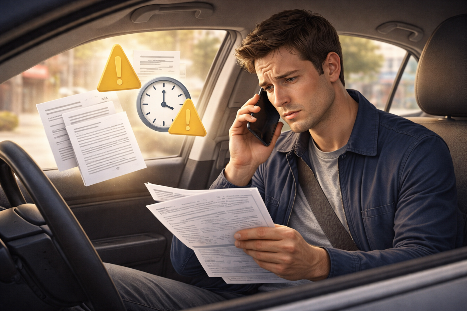 A frustrated driver on the phone, looking at paperwork with symbols of delays or confusion, representing reimbursement challenges.