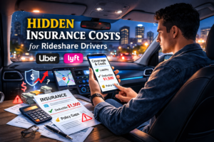 Rideshare driver sitting inside a car at night reviewing insurance documents on a smartphone, city lights reflecting on windshield, illustrating financial risk and coverage uncertainty for Uber and Lyft drivers