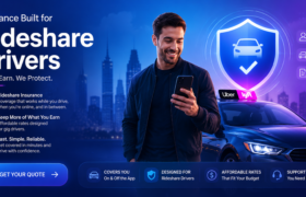 Illustration of rideshare insurance coverage for Uber and Lyft drivers with car, mobile app, and insurance protection elements
