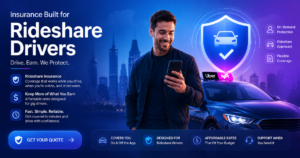 Illustration of rideshare insurance coverage for Uber and Lyft drivers with car, mobile app, and insurance protection elements