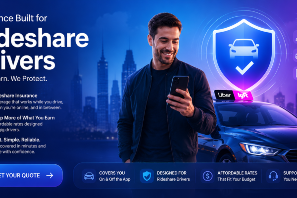 Illustration of rideshare insurance coverage for Uber and Lyft drivers with car, mobile app, and insurance protection elements