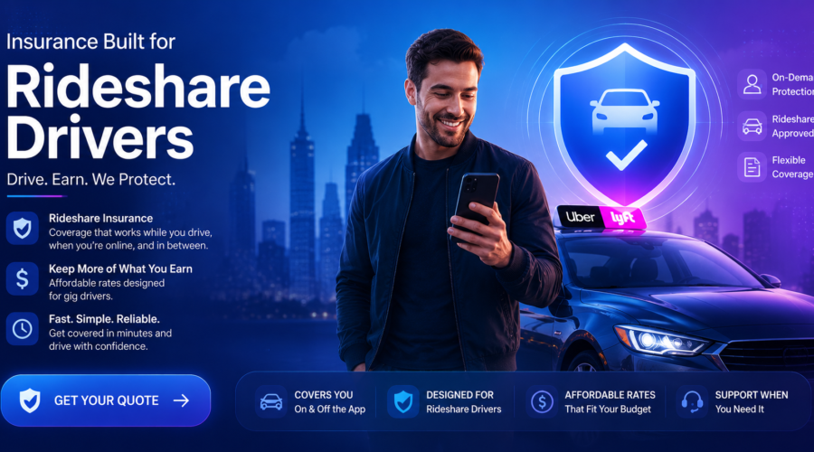 Illustration of rideshare insurance coverage for Uber and Lyft drivers with car, mobile app, and insurance protection elements