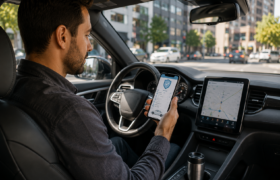Rideshare driver reviewing insurance coverage information before providing transportation services through a ridesharing platform.