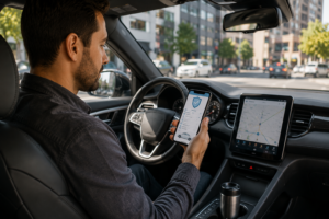 Rideshare driver reviewing insurance coverage information before providing transportation services through a ridesharing platform.