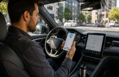 Rideshare driver reviewing insurance coverage information before providing transportation services through a ridesharing platform.