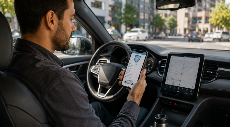 Rideshare driver reviewing insurance coverage information before providing transportation services through a ridesharing platform.