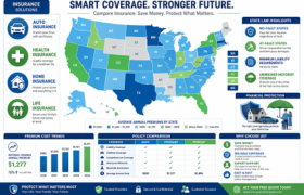 Professional rideshare insurance infographic showing Uber and Lyft driver insurance coverage, liability protection, collision coverage, rideshare insurance costs, coverage periods, and state insurance requirements across the United States.