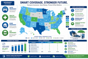 Professional rideshare insurance infographic showing Uber and Lyft driver insurance coverage, liability protection, collision coverage, rideshare insurance costs, coverage periods, and state insurance requirements across the United States.